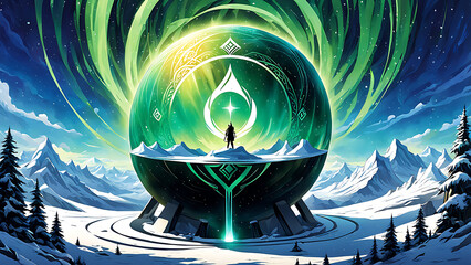 A mystical green sphere levitates above a snowy mountain range, with a figure standing on a platform within.