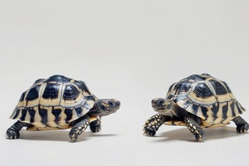 the beside view Indian Star Tortoise, left side view, white copy space on right, dutch angle view, isolated on white background