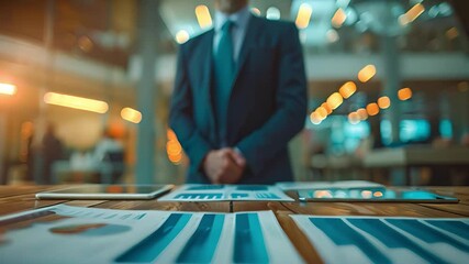 Poster - A blurry businessman stands in front of a table covered in spreadsheets and tablets.