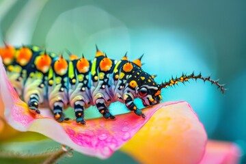 Poster - A vividly colored caterpillar with intricate patterns and vibrant spots crawls on the surface of a pink flower petal, displaying its stunning detail and beauty.