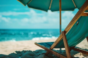 Wall Mural - A wooden beach chair and umbrella are set up on a sunny sandy beach, inviting relaxation and enjoyment of the peaceful seaside environment and bright, clear skies.