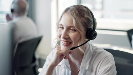 Aufkleber - Employee, woman and computer at call center with smile for customer support and service. Office, crm and happy as advisor or consultant in conversation, telemarketing and advice at help desk