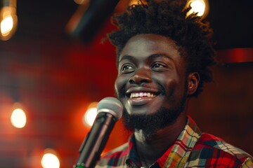 Poster - Color photograph showcasing a delighted young man with afro-hairstyle singing into a microphone against an illuminated, warm ambient background in a cozy setting.