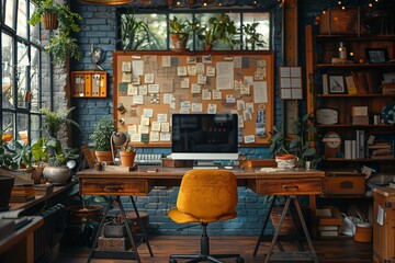 Poster - Modern Home Office With Plants And Large Corkboard