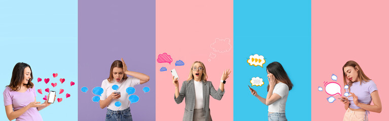 Sticker - Set of young women with mobile phones chatting online on color background