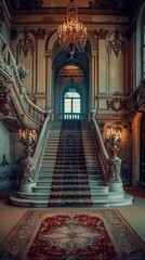 Wall Mural - a staircase leading to a large room with a chandelier