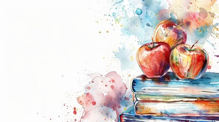 Wall Mural - Colorful Watercolor Teachers' Day Card with Apples and Books