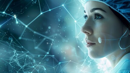 Aufkleber - Futuristic healthcare tech concept. AI generated image of a focused female doctor or scientist in a blue cap, surrounded by digital data networks. Ideal for medical, scientific, and tech projects. AI