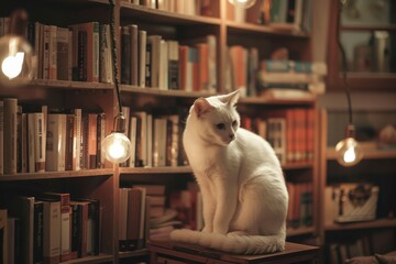 Poster - a white cat sitting on a wooden table in front of a book shelf