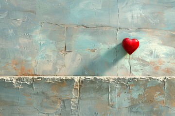 Sticker - Minimalist illustration of a red heart balloon on a textured wall symbolizing love and simplicity in a modern artistic design