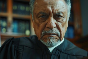 An elderly judge, wearing a judicial robe and displaying a serious expression, stands in a library filled with books, indicating authority, knowledge, and seriousness.