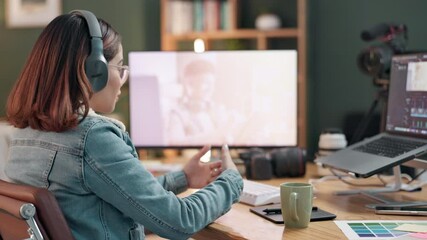 Poster - Talking, woman and editing video on computer screen for mistakes removal, consistency and freelance. Home studio, female editor and headphone for content creation, voice over or audio for podcast