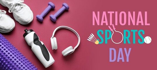 Wall Mural - Sports equipment, water bottle, headphones and shoes on red background. Banner for National Sports Day