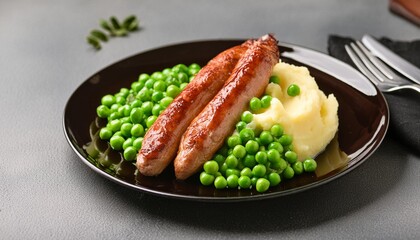 Sticker - pork sausages with creamy mashed potatoes gravy sauce and green peas on black plate on dark grey background