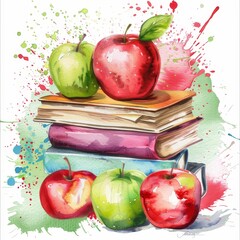 Wall Mural - Colorful Watercolor Teachers' Day Card with Apples and Books