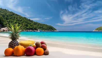 Poster - tropical fruits on the sandy beach against the turquoise sea similan islands thailand