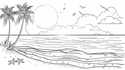 a line art illustration showing a beautiful scene with the sun, palm trees, and ocean waves. this si