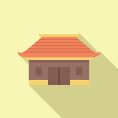 Sticker - Illustration of a traditional asian building with a curved roof, casting a long shadow on a yellow background