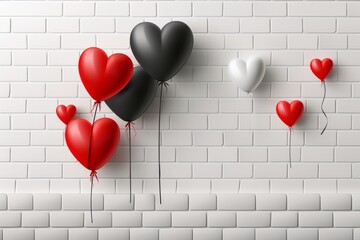 Sticker - Minimalist illustration of black red and white heart balloons symbolizing love and unity in a modern artistic design