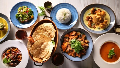 Poster - global cuisine an array of dishes from various cultures presented on a communal table ai generated