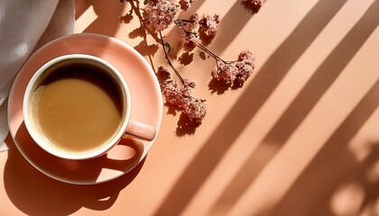 Wall Mural - aesthetic floral sun light shadows and coffee cup on peach table background feminine good morning concept in trendy color 2024