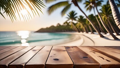 Poster - empty wooden table over blurred sunny tropical beach background outdoor party mock up for design and product display