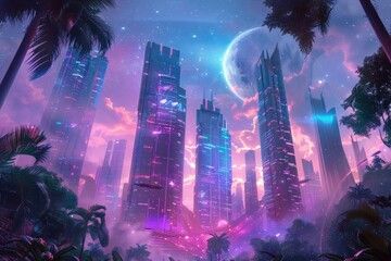 Wall Mural - A stunning futuristic city with towering skyscrapers, floating structures, and a planetary backdrop. AIG59