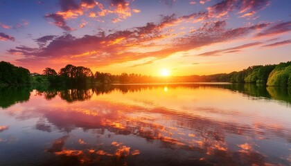 Wall Mural - an image of a vibrant sunset over a serene lake with colorful reflections shimmering on the water