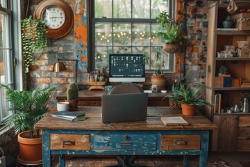 Poster - Rustic Home Office With Wooden Desk And Plants