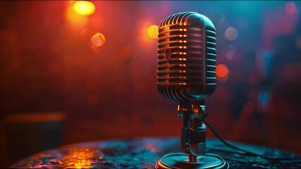 Poster - This classic microphone on a stage with colorful lights. Podcast and streaming concept