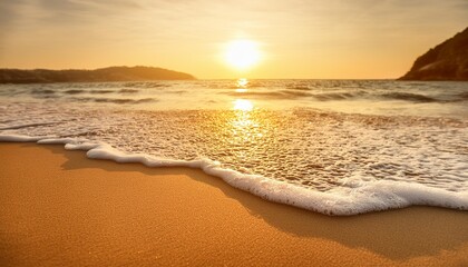 Wall Mural - sandy beach and sea wave in warm sunset light tropical shore background with copy space