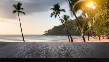 Wall Mural - wooden black table top on blur tropical beach background can be used for display or montage your products high quality photo