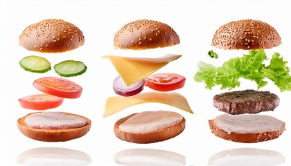 Sticker - flying parts of hamburger isolated on white