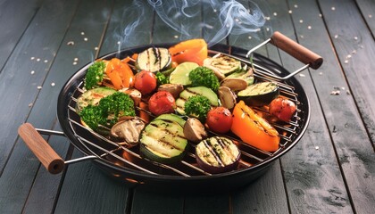 Poster - assorted delicious grilled vegetables on barbecue grill with smoke and flames