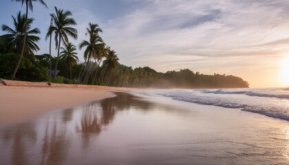 Poster - a serene tropical beach at sunrise with soft pink and orange hues reflecting on the calm ocean bordered by lush palm trees