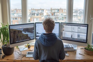 Poster - Man Working on Multiple Computers in a Home Office With a View of City Buildings