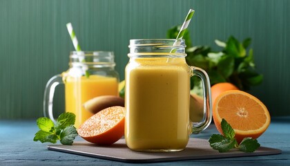 Sticker - freshly blended yellow and orange fruit smoothie in glass jar with straw