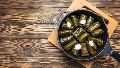 Poster - dolma stuffed grape leaves with rice and beef minced meat in a cast iron frying pan on an old wooden background middle eastern cuisine