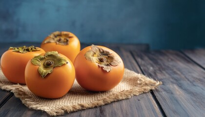 Poster - japanese delicious persimmon kaki fruits three tasty persimmon fruits or kaki on burlap background organic fresh persimmons from fuyu fruit farm orchard raw orange diospyros kaki on rustic table