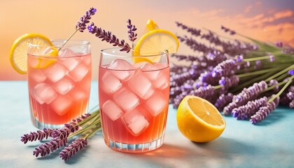 Poster - cold cocktail with lavender syrup and lemon with ice on a light blue background