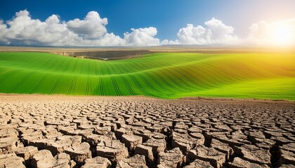 Wall Mural - land with dry and cracked ground and green field desert global warming background