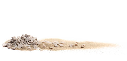 Wall Mural - Small quartz stones and fine sand pile, isolated on white, with clipping path, side view	