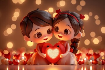 Wall Mural - Cute illustration of two children with heart elements symbolizing love and friendship in a playful artistic design