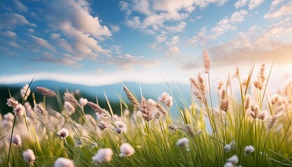 Canvas Print - flow of grass flowers in early morning sky background quiet and calm image in zen mood spring and summer aesthetic background