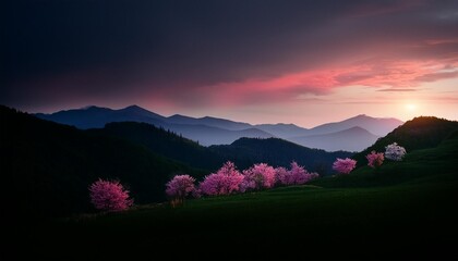 Wall Mural - glowing pink sunset sky with mountains horizon watercolor abstract background