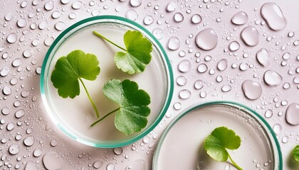 Poster - close up centella asiatica leaves with rain drop in petri dish isolated on white background top view