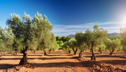 Poster - bright image of an olive grove under a clear blue sky conveying warmth and the charm of the mediterranean in catalonia in spain