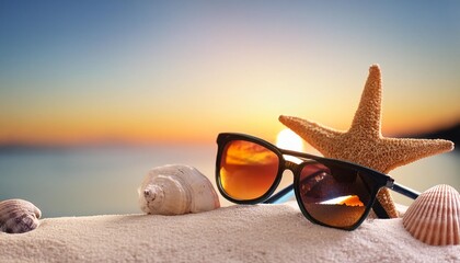 Poster - holiday summer sunglasses starfish seashells on seashore landscape beach background