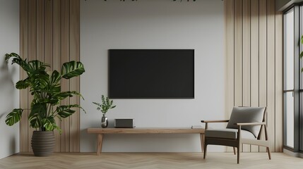 Wall Mural - Mockup a TV wall mounted with armchair in living room with a white wall.3d rendering
