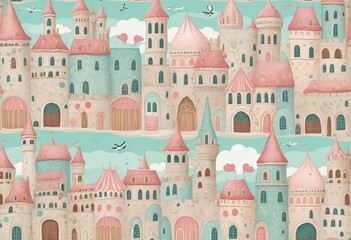 Wall Mural - Pastel Summer Castles Pattern Illustration